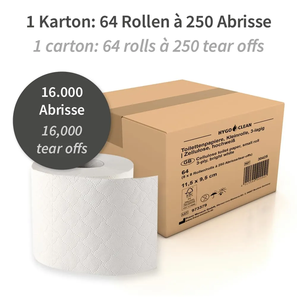 Hygoclean Toilettenpapier 3-lagig weiß 250 Blatt 64 Rollen