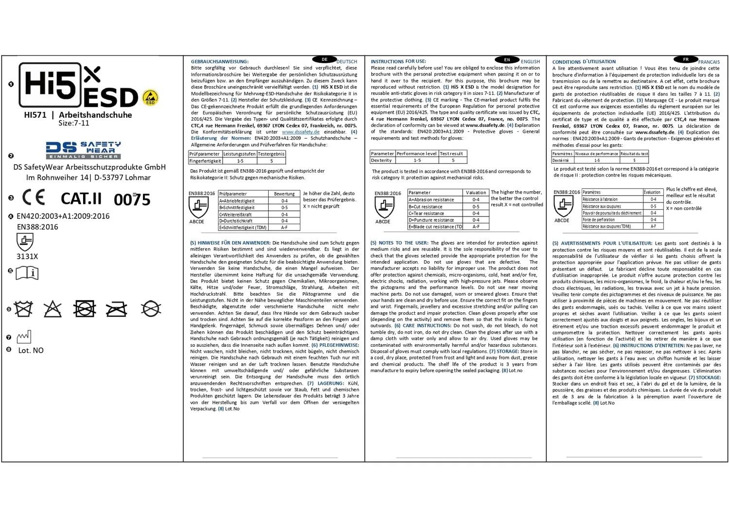 Hi5 X-ESD HI571 Arbeitshandschuhe M 3 Stück ESD weiß