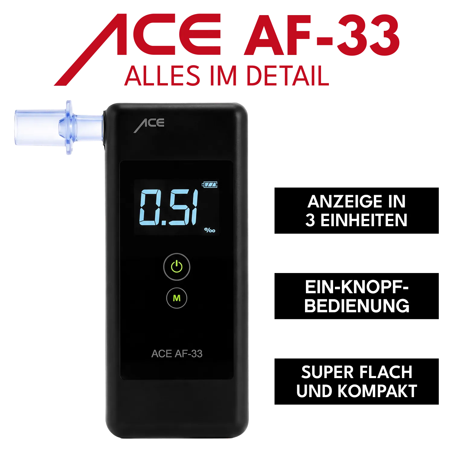 ACE AF-33 Alkotester mit 25 Mundstücken elektrochemisch