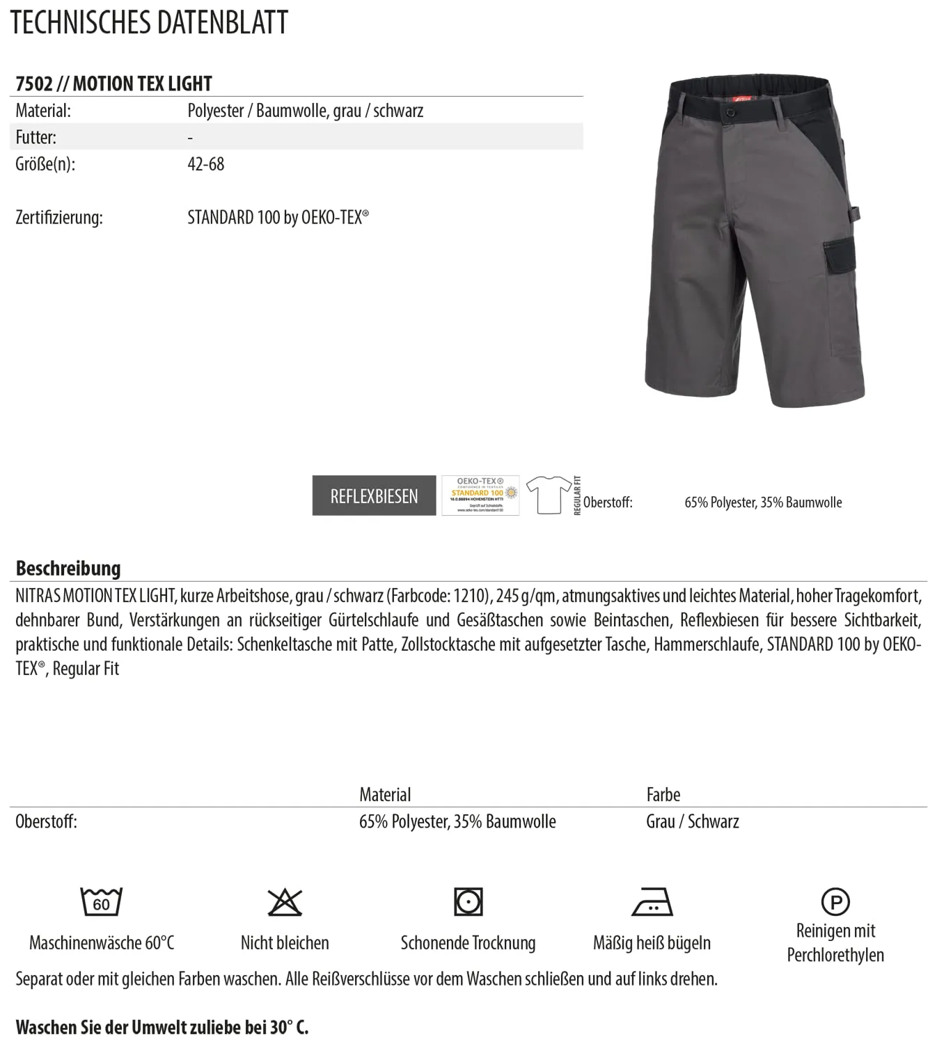 Nitras Motion Tex Light Arbeitsshorts grau Stretchbund