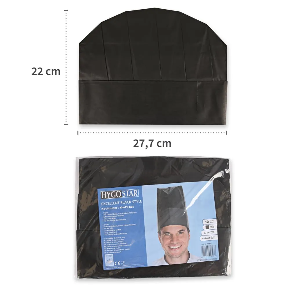Hygostar Excellent Kochmütze Papier schwarz 250 Stück 22cm