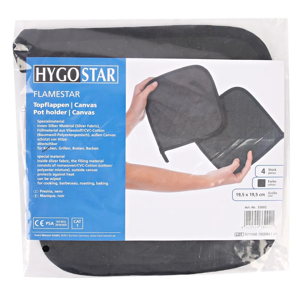 Hygostar Flamestar Topflappen Canvas schwarz 19,5 cm 4 Stück