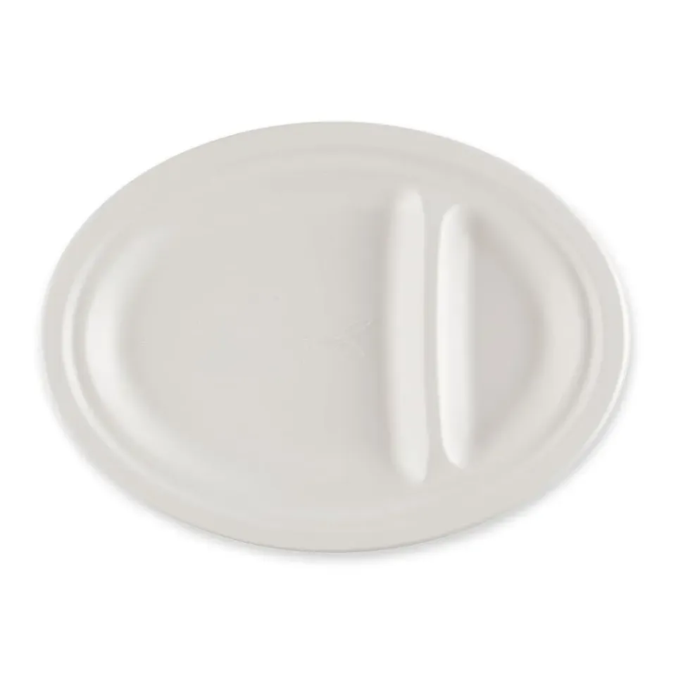 NatureStar Menüteller Zuckerrohr weiß oval 2-geteilt 500 Stk 26cm