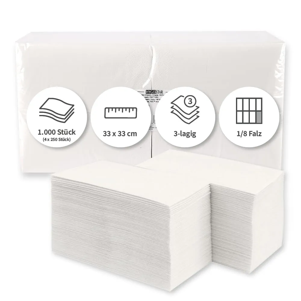 Hygostar Classic Servietten 1000 Stück weiß 33x33 3-lagig