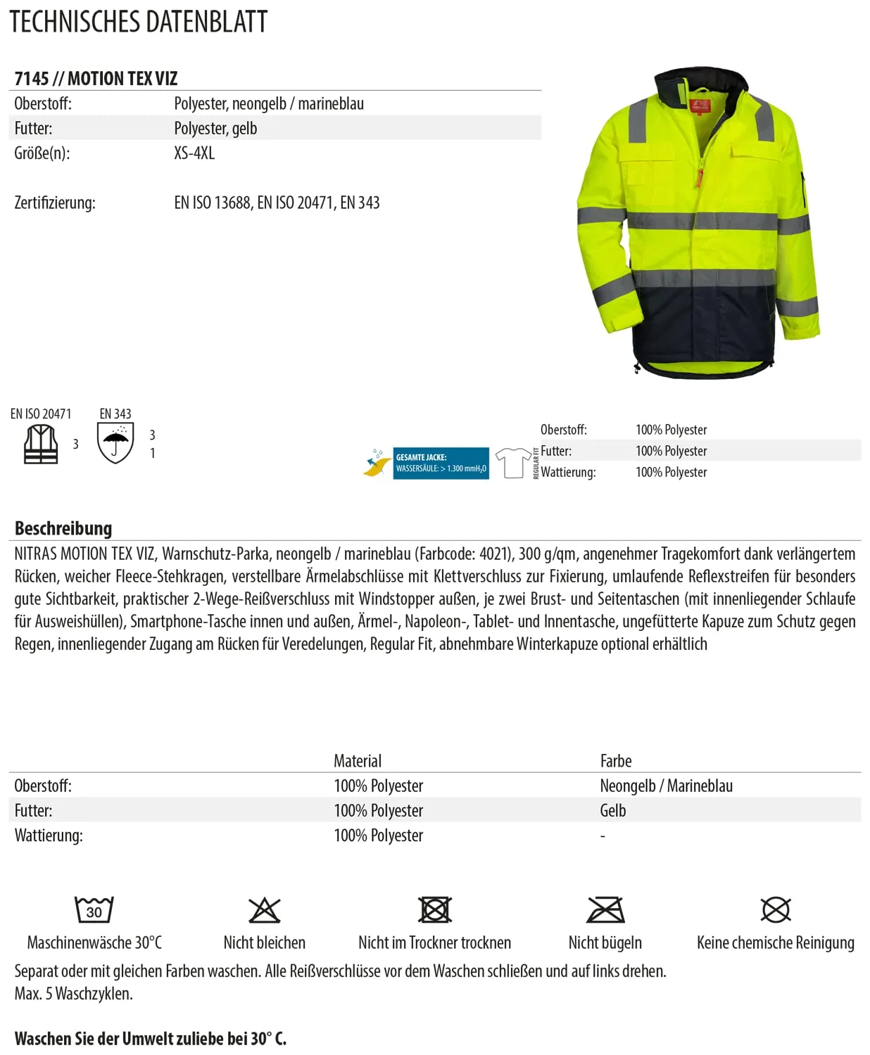 Nitras Safety Motion Tex Viz Warnschutzparker XL neongelb