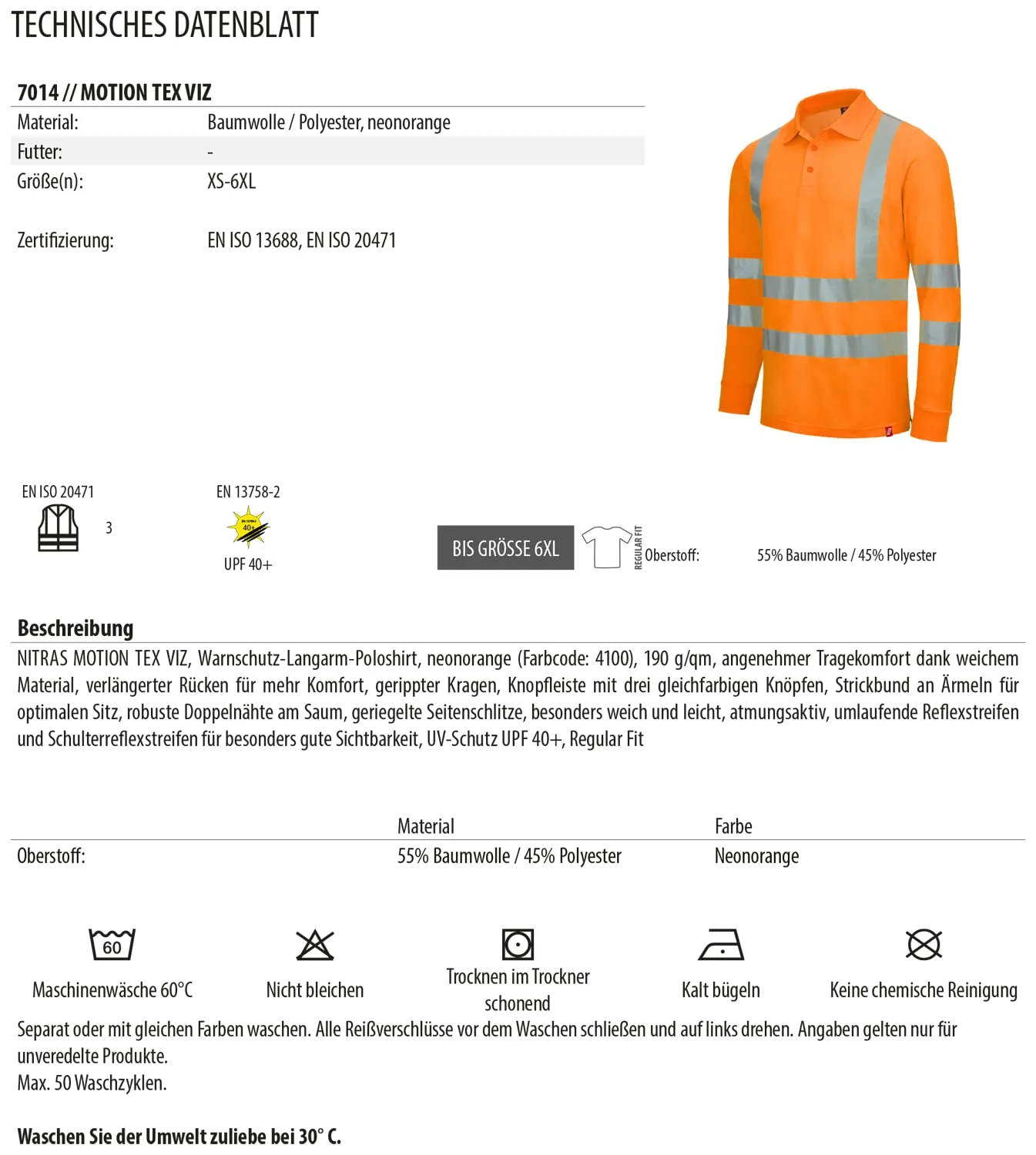 Nitras Motion Tex Viz Warnpolo langarm Reflex UV-Schutz