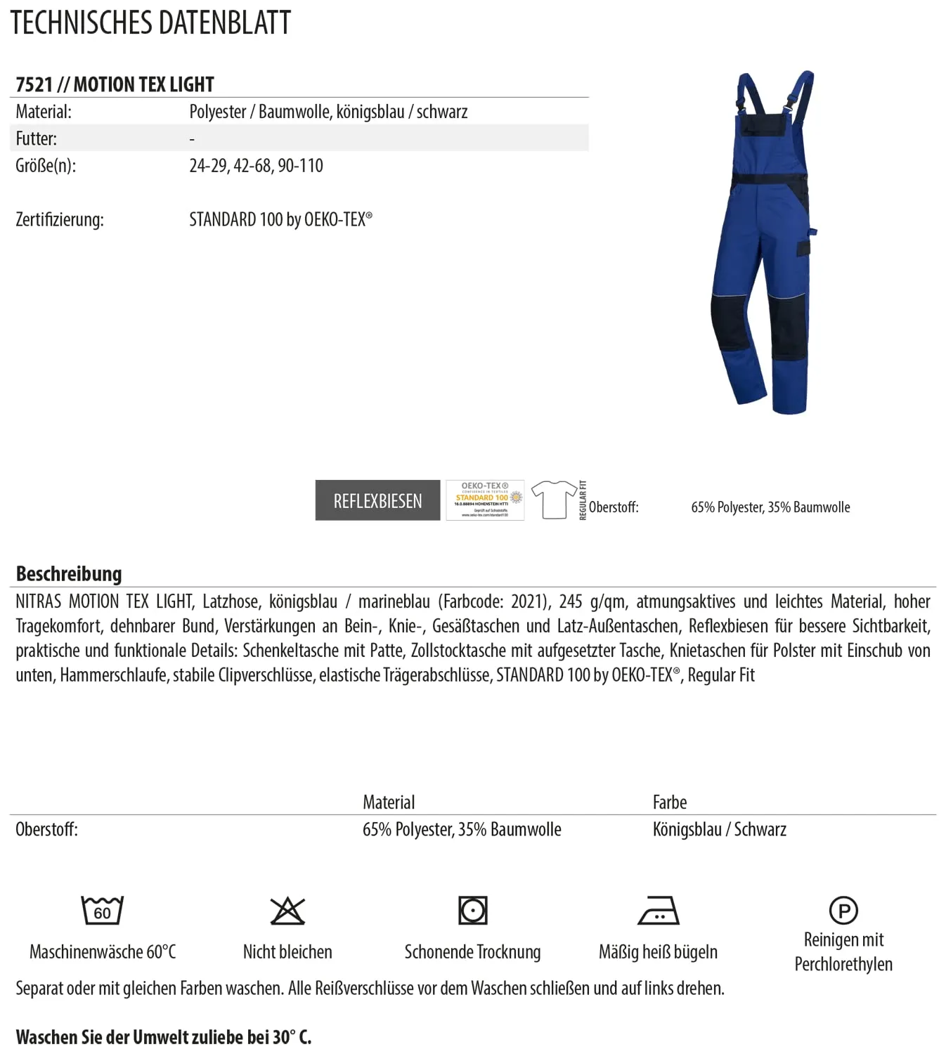 Nitras Safety Motion Tex Light 7521 Latzhose 24 Baumwolle