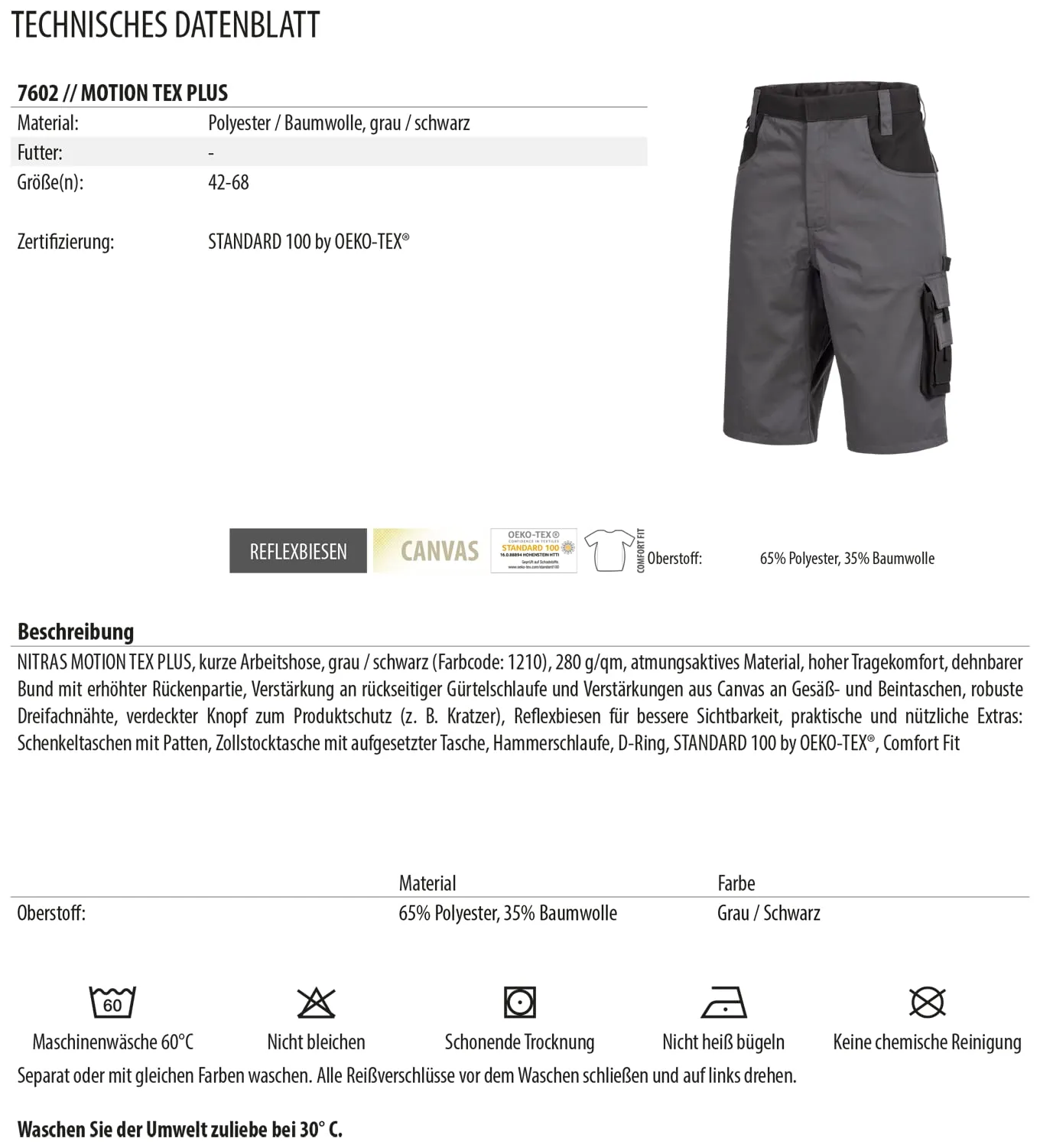 Nitras Motion Tex Plus 7602 Arbeitsshorts 35% Baumwolle