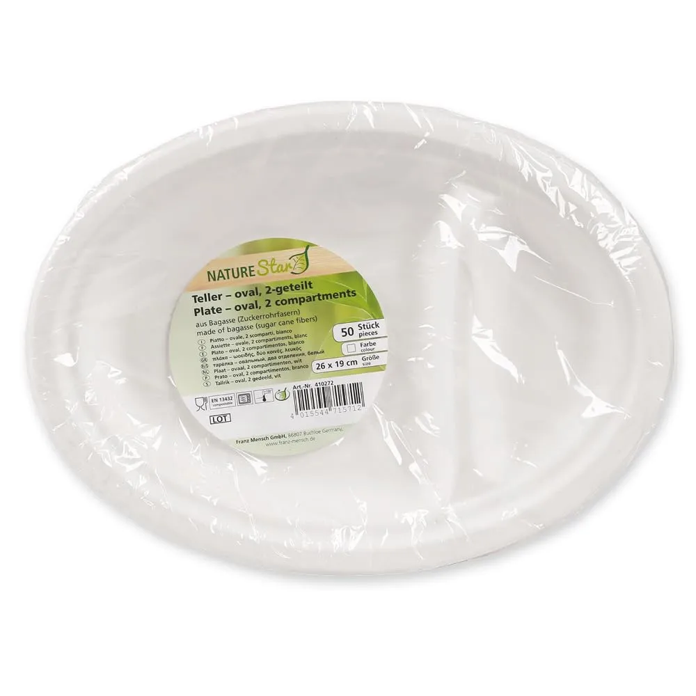 NatureStar Menüteller Zuckerrohr weiß oval 2-geteilt 500 Stk 26cm
