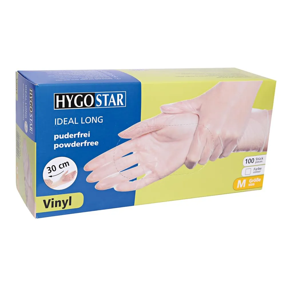 Hygostar Ideal Long Vinylhandschuhe 100 Stück M transparent puderfrei