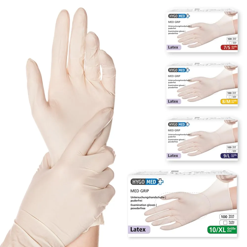 Hygomed Med Grip Latexhandschuhe weiß 9/L 100 Stück puderfrei