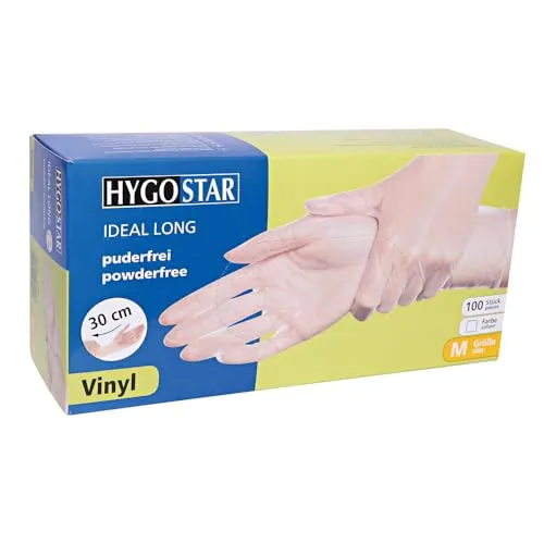 Hygostar Ideal Long Vinylhandschuhe 100 Stück M transparent puderfrei