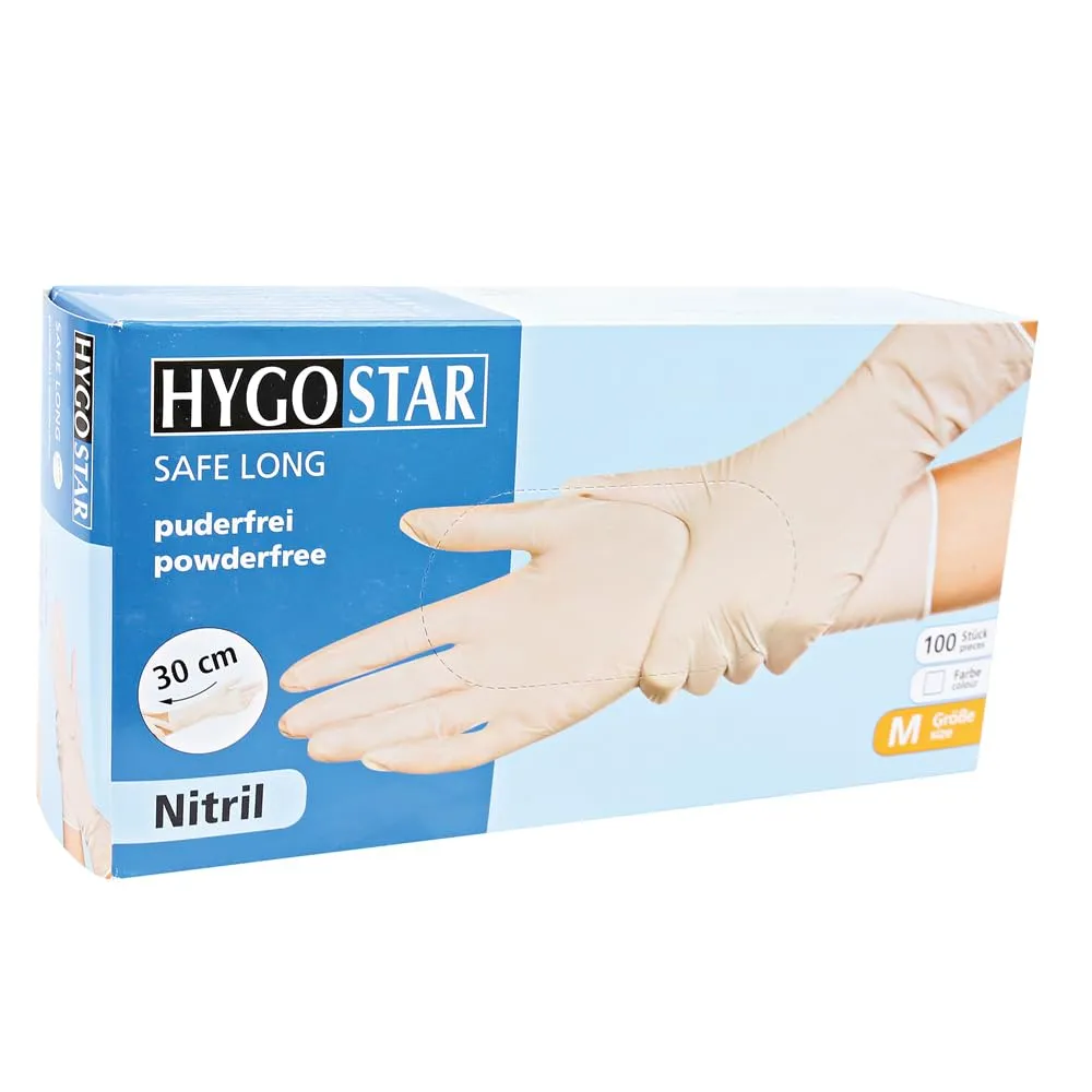 Hygostar Safe Long Nitrilhandschuhe Weiß 8/M, 100 Stück, 30 cm